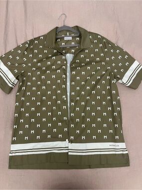 Moncler Olive Green Short Sleeve Button-Down Shirt with White M Print